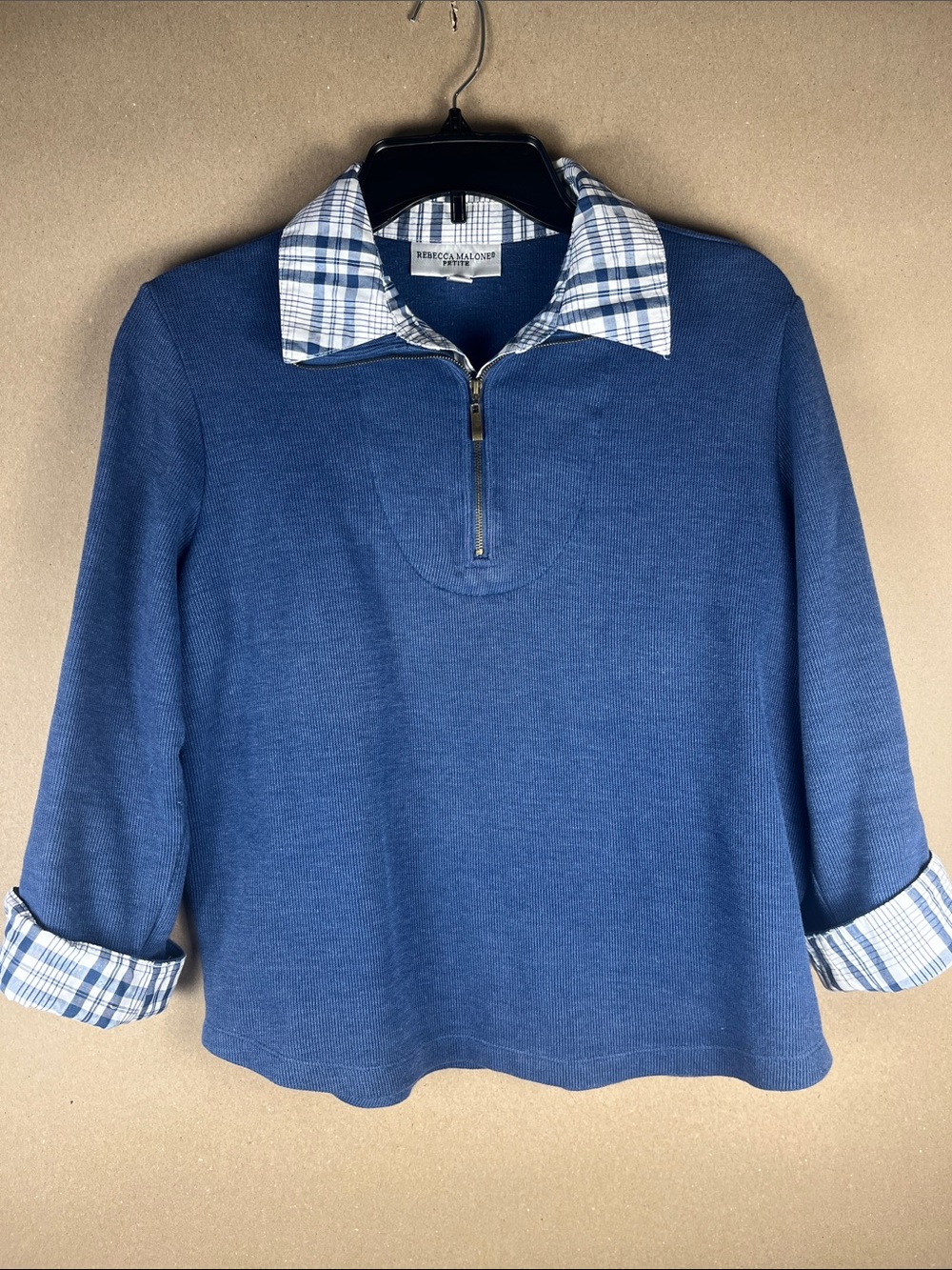 Rebecca Malone Petite Half Zip Top PM Blue Plaid Contrast Collar Layered Look